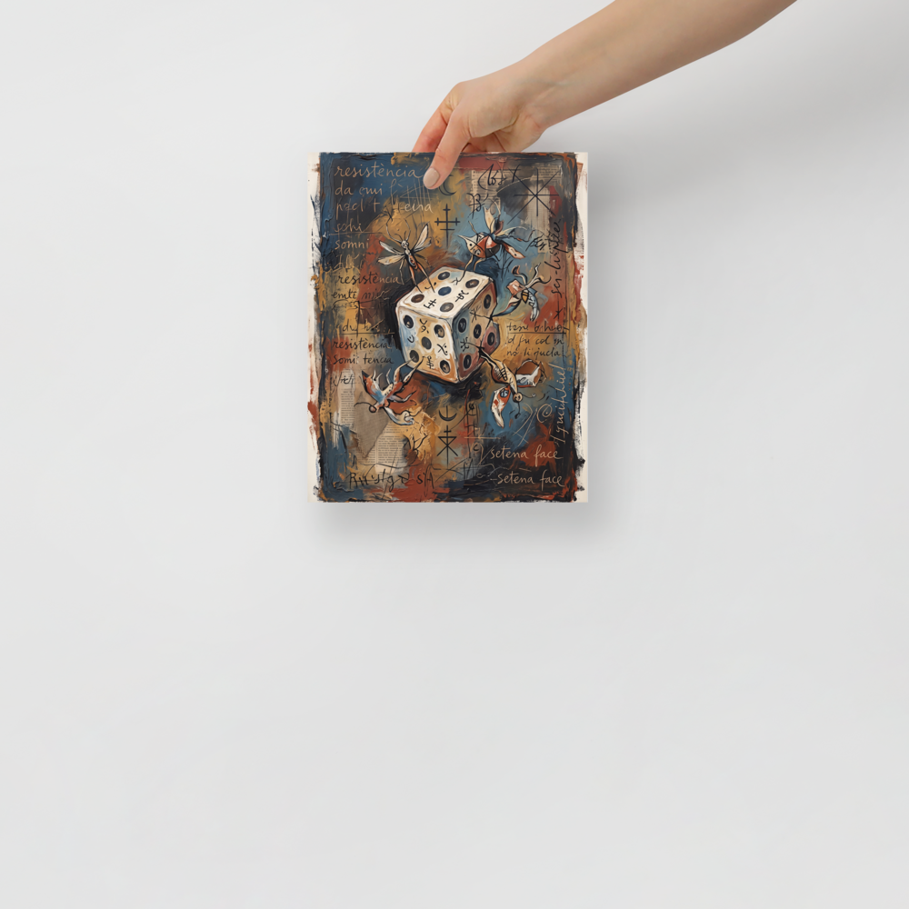Dau-al-Set wall art for the living room, 'The Seventh Face'. An expressive surrealist oil painting of an alchemical die with winged insect creatures and handwritten script on a rust and blue background, perfect for a lively living room or office.