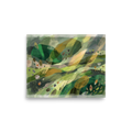 Dau-al-Set wall art for the living room, 'Verdant Horizons'. Lush green rolling hills and abstract botanical forms float across layered washes and delicate sketches, making a calming centerpiece for a bedroom.