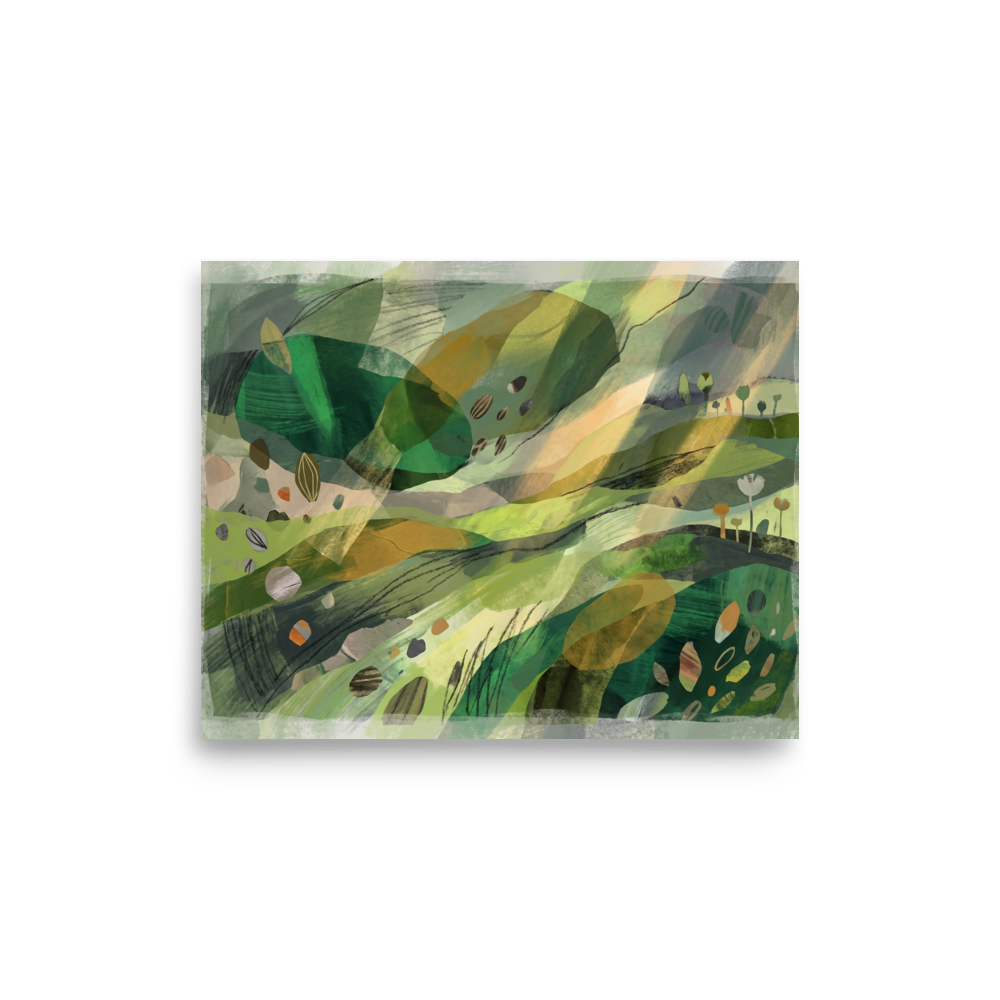 Dau-al-Set wall art for the living room, 'Verdant Horizons'. Lush green rolling hills and abstract botanical forms float across layered washes and delicate sketches, making a calming centerpiece for a bedroom.
