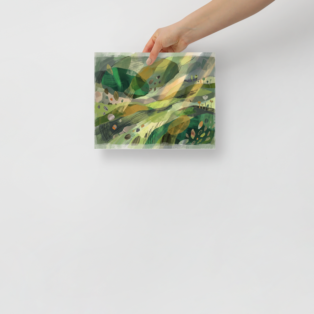 Lush green rolling hills and abstract botanical forms float across layered washes and delicate sketches, making a calming centerpiece for a bedroom. 'Verdant Horizons', a Dau-al-Set print for the wall.