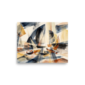 'Harbor Washes'. Translucent watercolor sails in navy and gold drift across a sunlit harbor, bringing a calm coastal atmosphere to a living room. Offered as a Dau-al-Set print.
