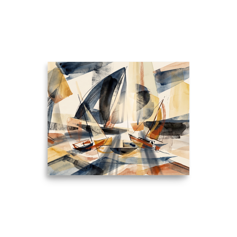 'Harbor Washes'. Translucent watercolor sails in navy and gold drift across a sunlit harbor, bringing a calm coastal atmosphere to a living room. Offered as a Dau-al-Set print.