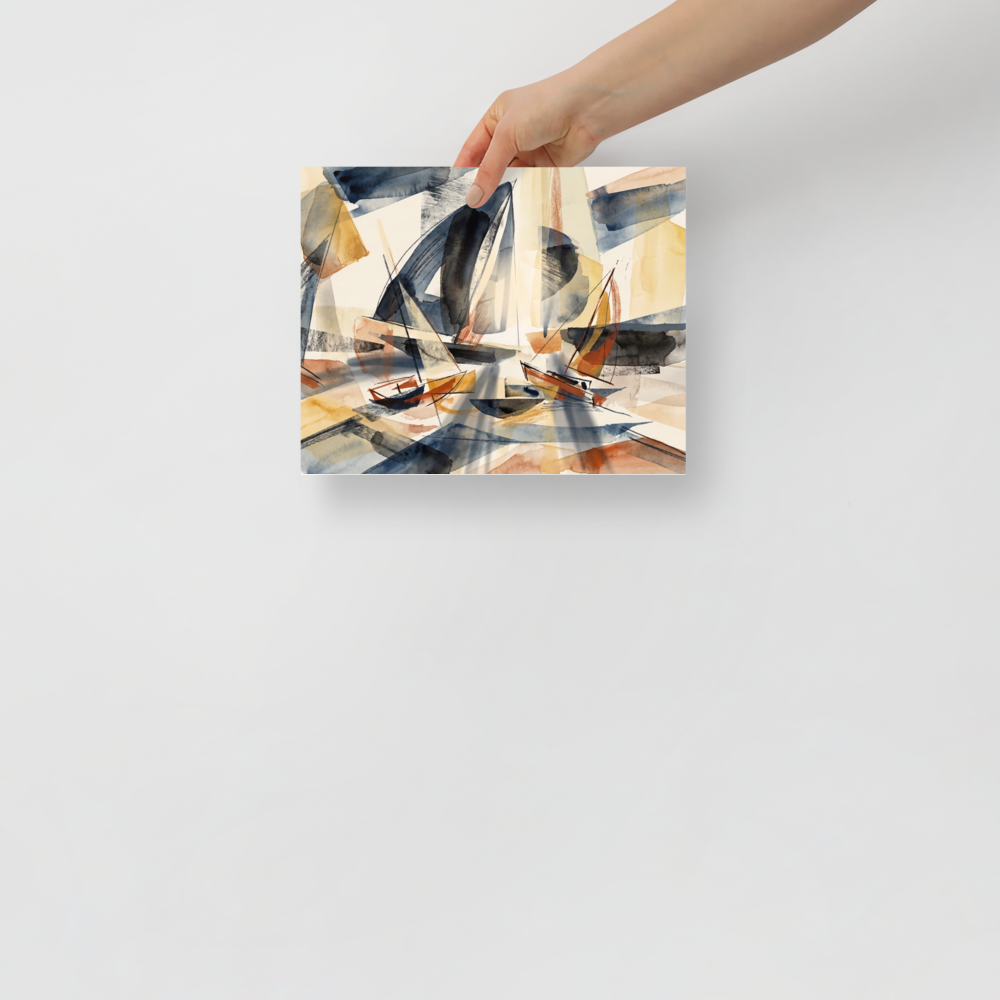 Dau-al-Set wall art, 'Harbor Washes'. Translucent watercolor sails in navy and gold drift across a sunlit harbor, bringing a calm coastal atmosphere to a living room.