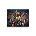 'Tower of Dreams', a Dau-al-Set wall art print. A surrealist tower with a giant red horn releases figures into a cosmic night sky above broken clocks, creating an inspiring centerpiece for an office.