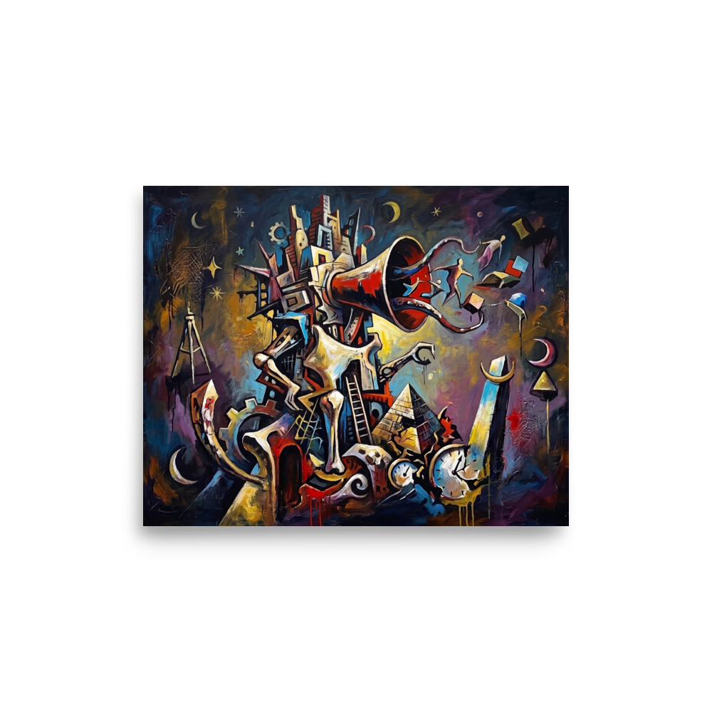 'Tower of Dreams', a Dau-al-Set wall art print. A surrealist tower with a giant red horn releases figures into a cosmic night sky above broken clocks, creating an inspiring centerpiece for an office.