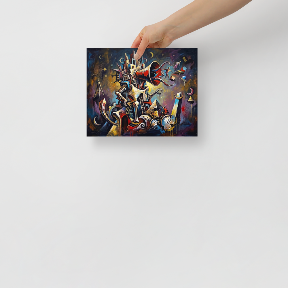'Tower of Dreams' by Meron. A surrealist tower with a giant red horn releases figures into a cosmic night sky above broken clocks, creating an inspiring centerpiece for an office. A Dau-al-Set wall art print.