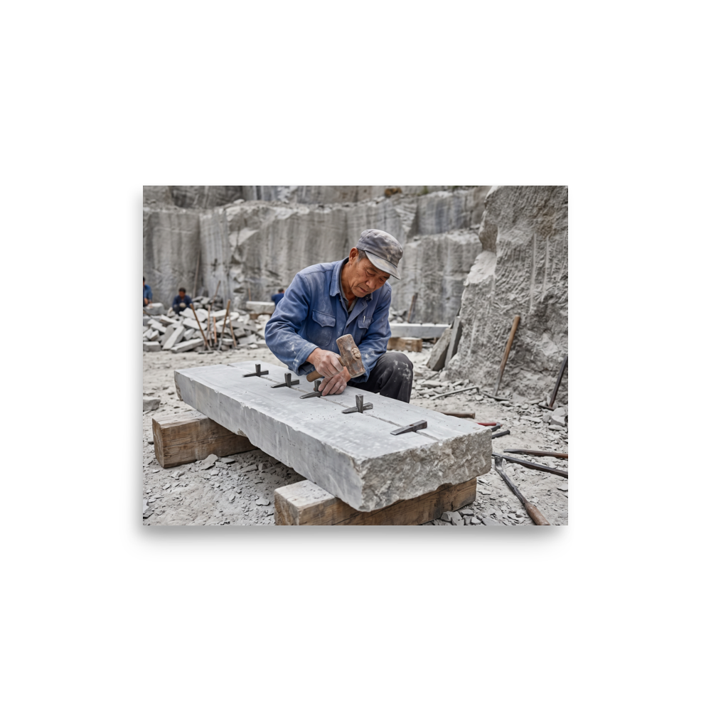 'Splitting the Stone'. A stonemason splits a granite slab with hammer and wedges in a quarry, offering grounded inspiration for an office. Offered as a Art photography print.