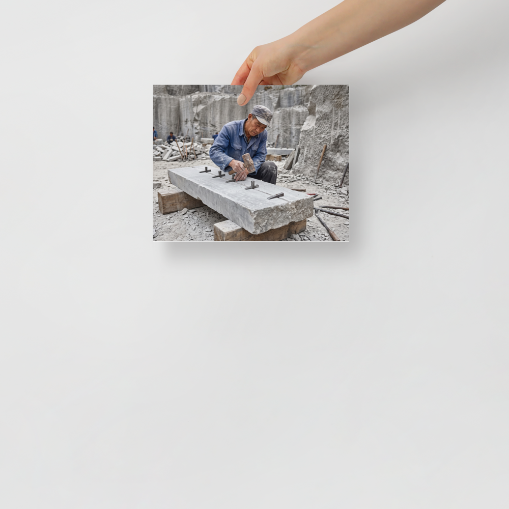 A stonemason splits a granite slab with hammer and wedges in a quarry, offering grounded inspiration for an office. A Art photography art print titled 'Splitting the Stone'.