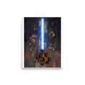 An abstract surreal painting depicting a glowing vertical blue beam rising from dark geometric machinery, surrounded by floating metallic debris and gold splatters, perfect for an office. A Dau-al-Set art print titled 'Rift of Light'.