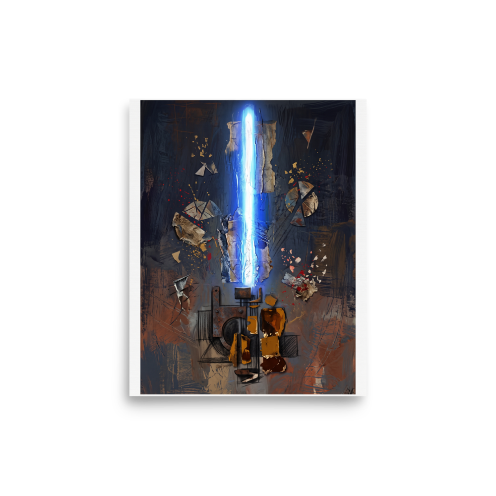An abstract surreal painting depicting a glowing vertical blue beam rising from dark geometric machinery, surrounded by floating metallic debris and gold splatters, perfect for an office. A Dau-al-Set art print titled 'Rift of Light'.