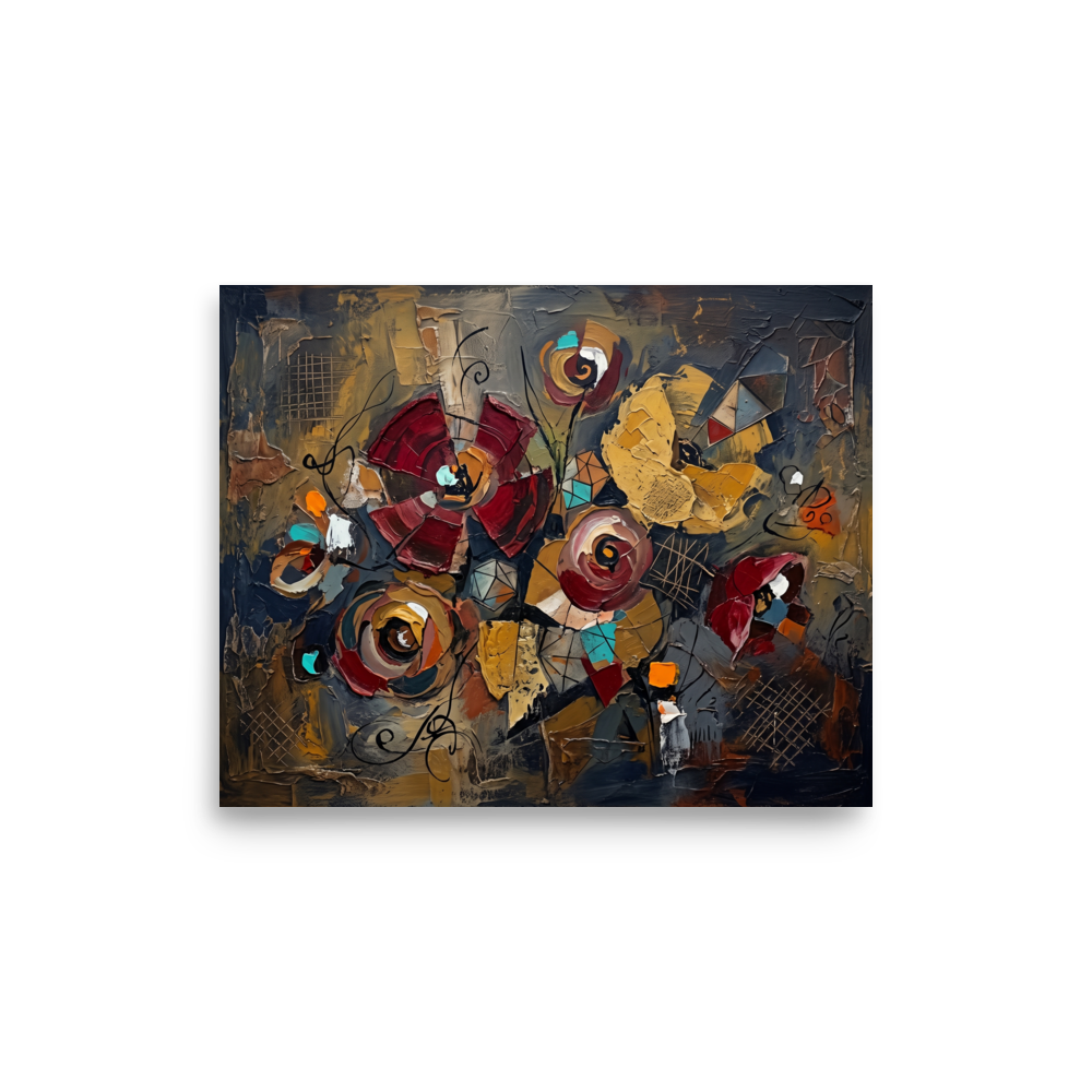 The Dau-al-Set print 'Geometric Blooms'. A heavily textured impasto oil painting of abstract crimson and gold flowers intertwined with geometric shapes and calligraphic lines, perfect for a dining or living room.