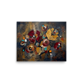 The Dau-al-Set print 'Geometric Blooms'. A heavily textured impasto oil painting of abstract crimson and gold flowers intertwined with geometric shapes and calligraphic lines, perfect for a dining or living room.