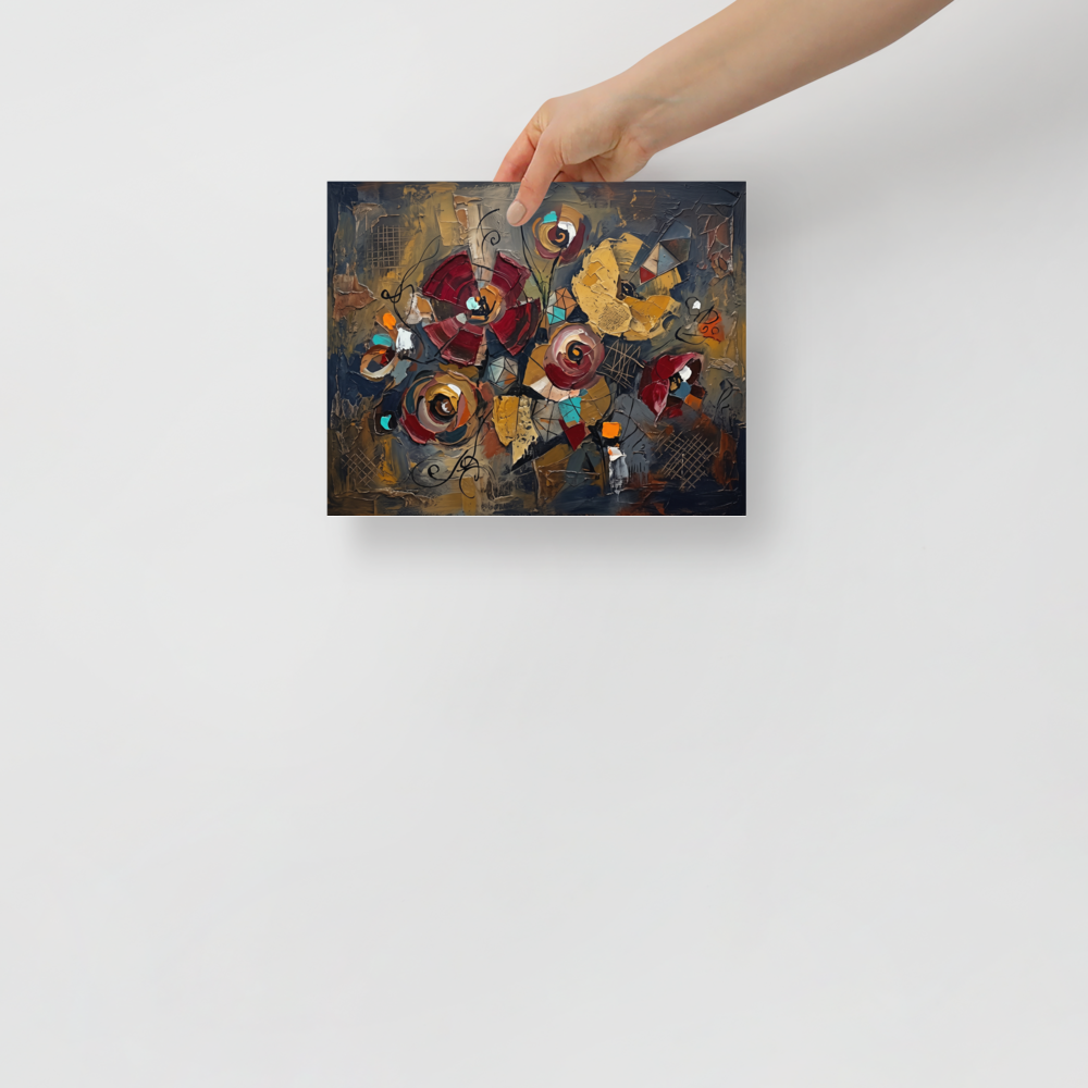 A heavily textured impasto oil painting of abstract crimson and gold flowers intertwined with geometric shapes and calligraphic lines, perfect for a dining or living room. A elegant piece titled 'Geometric Blooms'.