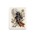 'Shadow of the Warrior', a Dau-al-Set wall art print. Surreal ink and watercolor painting of hollow samurai armor filled with swirling mist under a textured silver moon and floating stones, ideal for an office or library.
