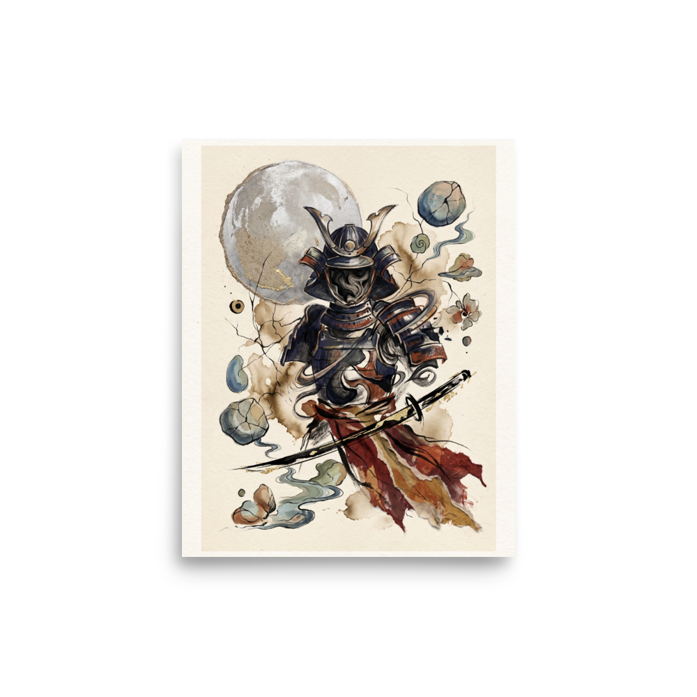 'Shadow of the Warrior', a Dau-al-Set wall art print. Surreal ink and watercolor painting of hollow samurai armor filled with swirling mist under a textured silver moon and floating stones, ideal for an office or library.