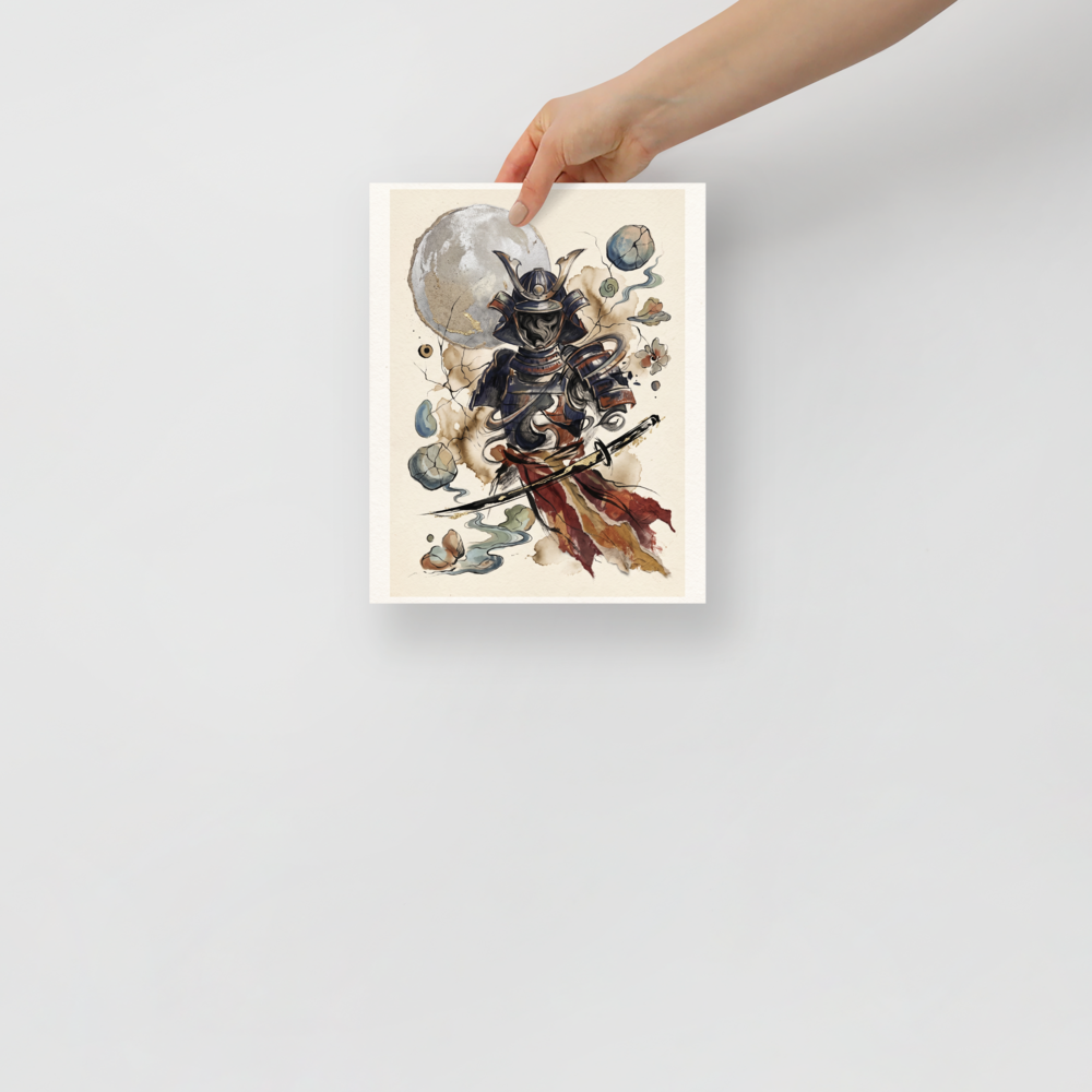 Surreal ink and watercolor painting of hollow samurai armor filled with swirling mist under a textured silver moon and floating stones, ideal for an office or library. A Dau-al-Set print in brown and silver, 'Shadow of the Warrior'.