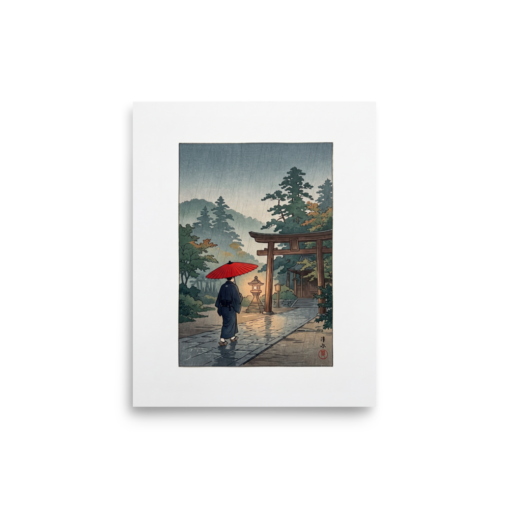 'Sanctuary in the Rain' by Meron. A person holding a red umbrella walks along a rain-slicked stone path toward an illuminated shrine gate in misty woods, ideal for a calm living room. A Shin hanga wall art print.