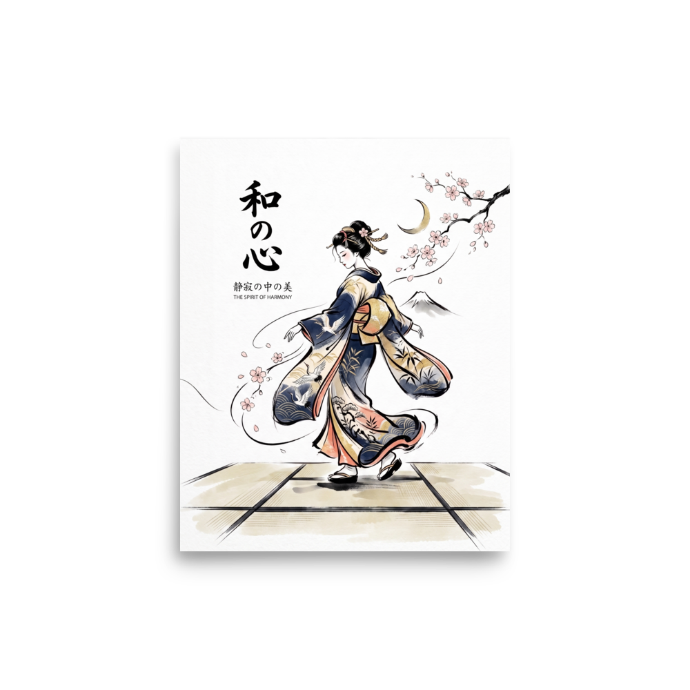 'Spirit of Harmony', a Shin hanga wall art print. A woman wearing a flowing crane-patterned kimono walks across tatami mats beside cherry blossoms and calligraphy reading The Spirit of Harmony, ideal for a serene bedroom.