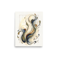 Wall art print 'Fluid Coordinates' in a Lyco art style. Swirling organic ribbons of indigo, olive, and amber outlined in gold breaking through a numbered geometric grid, creating an elegant wall art piece for a living room or office.