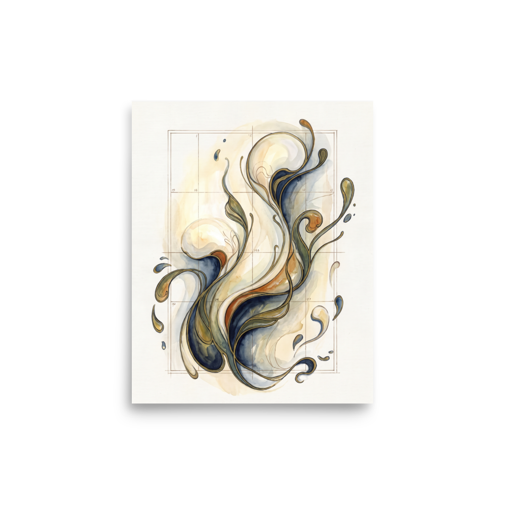 Wall art print 'Fluid Coordinates' in a Lyco art style. Swirling organic ribbons of indigo, olive, and amber outlined in gold breaking through a numbered geometric grid, creating an elegant wall art piece for a living room or office.