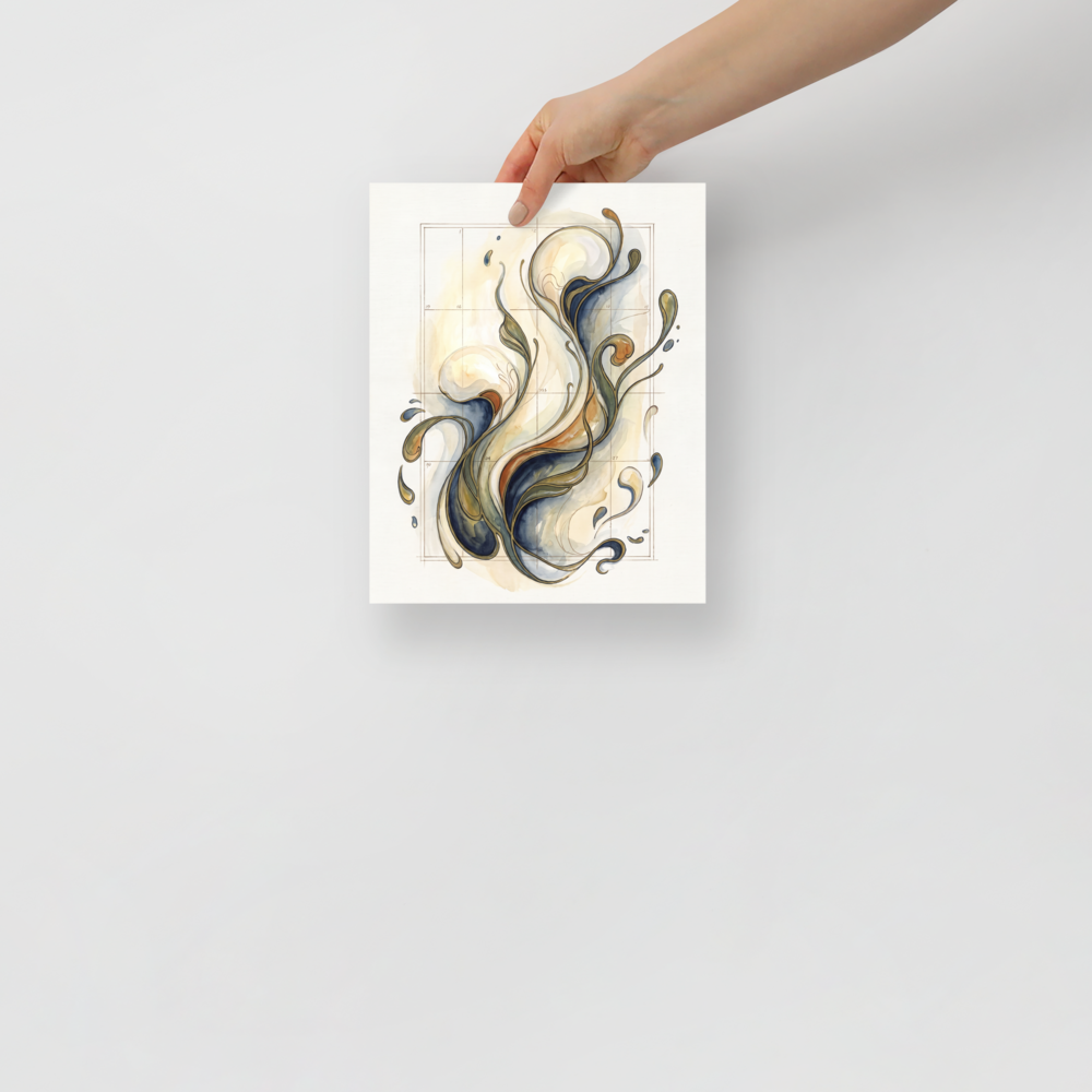 Swirling organic ribbons of indigo, olive, and amber outlined in gold breaking through a numbered geometric grid, creating an elegant wall art piece for a living room or office. Available as the Lyco art art print 'Fluid Coordinates'.