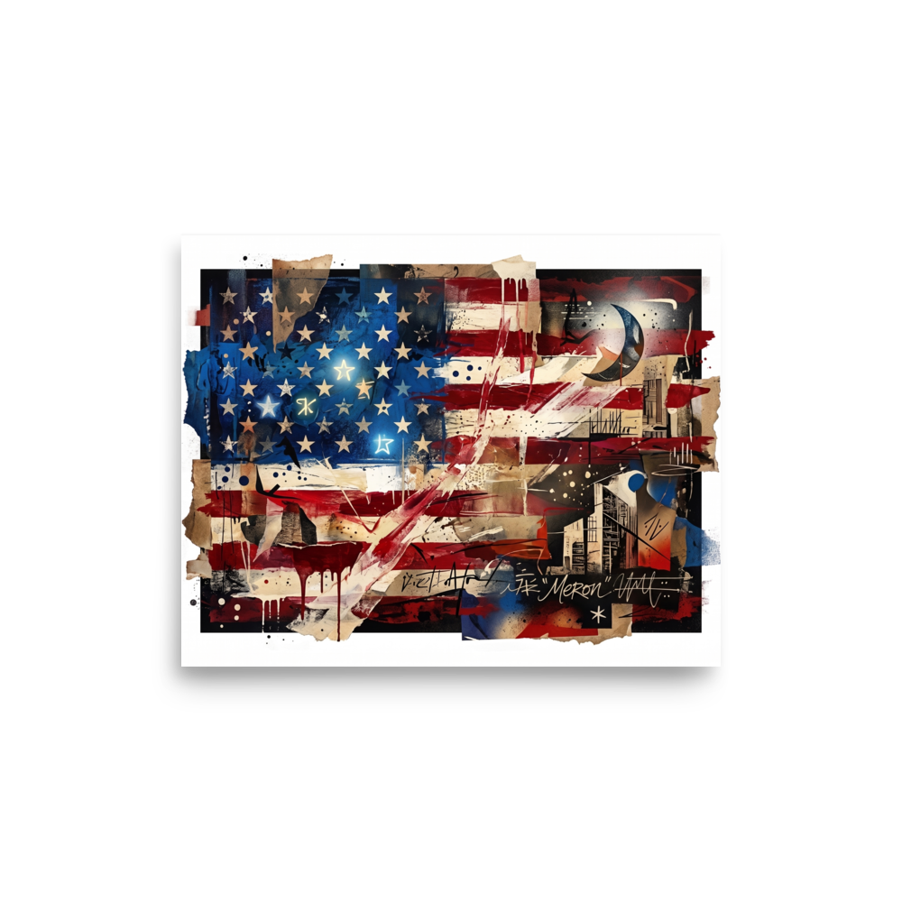 A striking scene in red and navy, 'Deconstructed Anthem'. A deconstructed mixed media collage of the American flag with expressive drips and architectural fragments, perfect for an office or den.