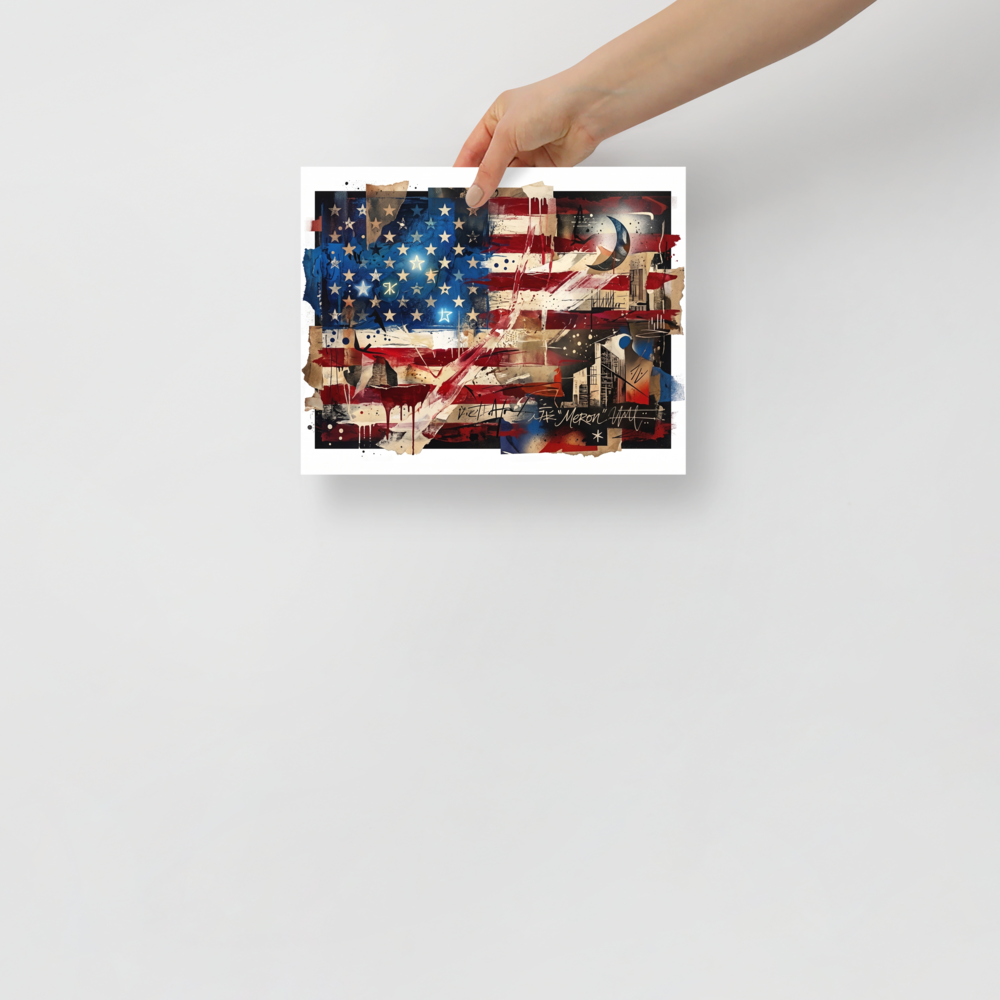 Dau-al-Set wall art for the office, 'Deconstructed Anthem'. A deconstructed mixed media collage of the American flag with expressive drips and architectural fragments, perfect for an office or den.