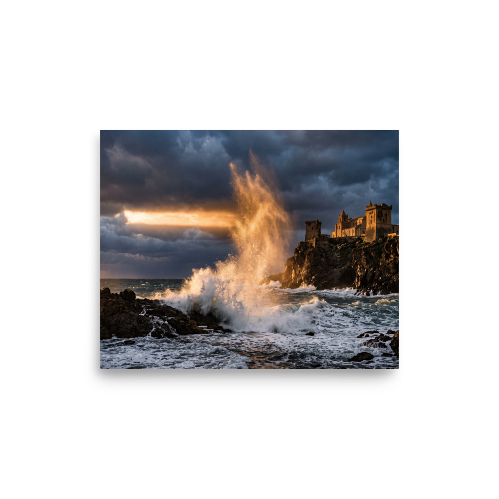 'Citadel of the Waves' by Meron. A dramatic photograph of a massive golden wave crashing against rocky cliffs below an ancient coastal castle under storm clouds, perfect for a living room or study. A Art photography wall art print.