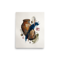 A textured mixed-media collage featuring an ancient clay vessel form with a bold blue brushstroke, copper strips, and mystic symbols, ideal for a contemporary study or living room. A Dau-al-Set print in brown and dark blue, 'Relics of the Mystic'.