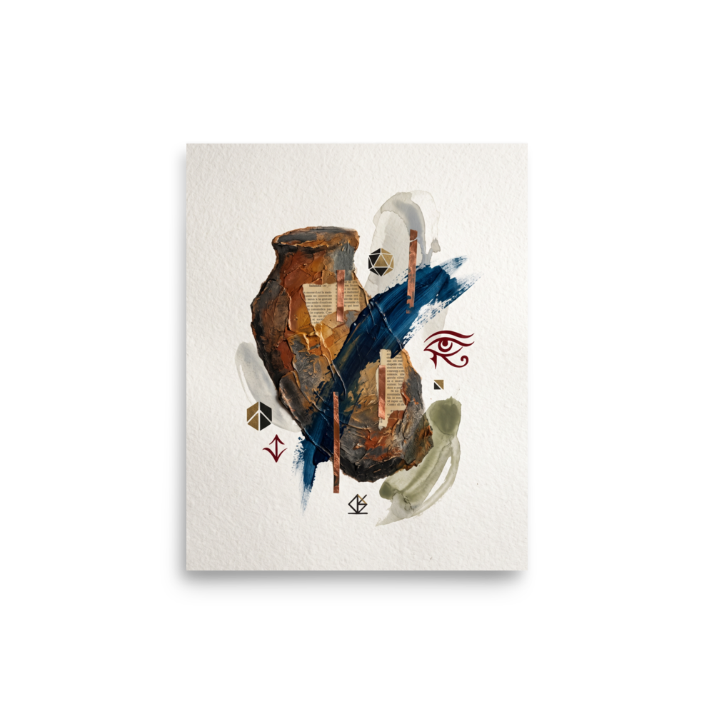 A textured mixed-media collage featuring an ancient clay vessel form with a bold blue brushstroke, copper strips, and mystic symbols, ideal for a contemporary study or living room. A Dau-al-Set print in brown and dark blue, 'Relics of the Mystic'.