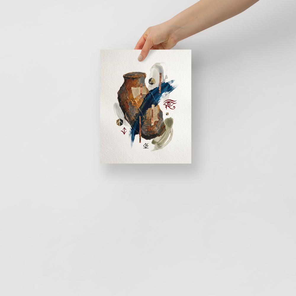 A textured mixed-media collage featuring an ancient clay vessel form with a bold blue brushstroke, copper strips, and mystic symbols, ideal for a contemporary study or living room. A Dau-al-Set print with a impasto look, titled 'Relics of the Mystic'.