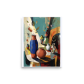 'Vessels of Light'. An abstract still life of terracotta and blue ceramic vessels bathed in sunlight, perfect for brightening a dining room or kitchen. Offered as a Dau-al-Set print.