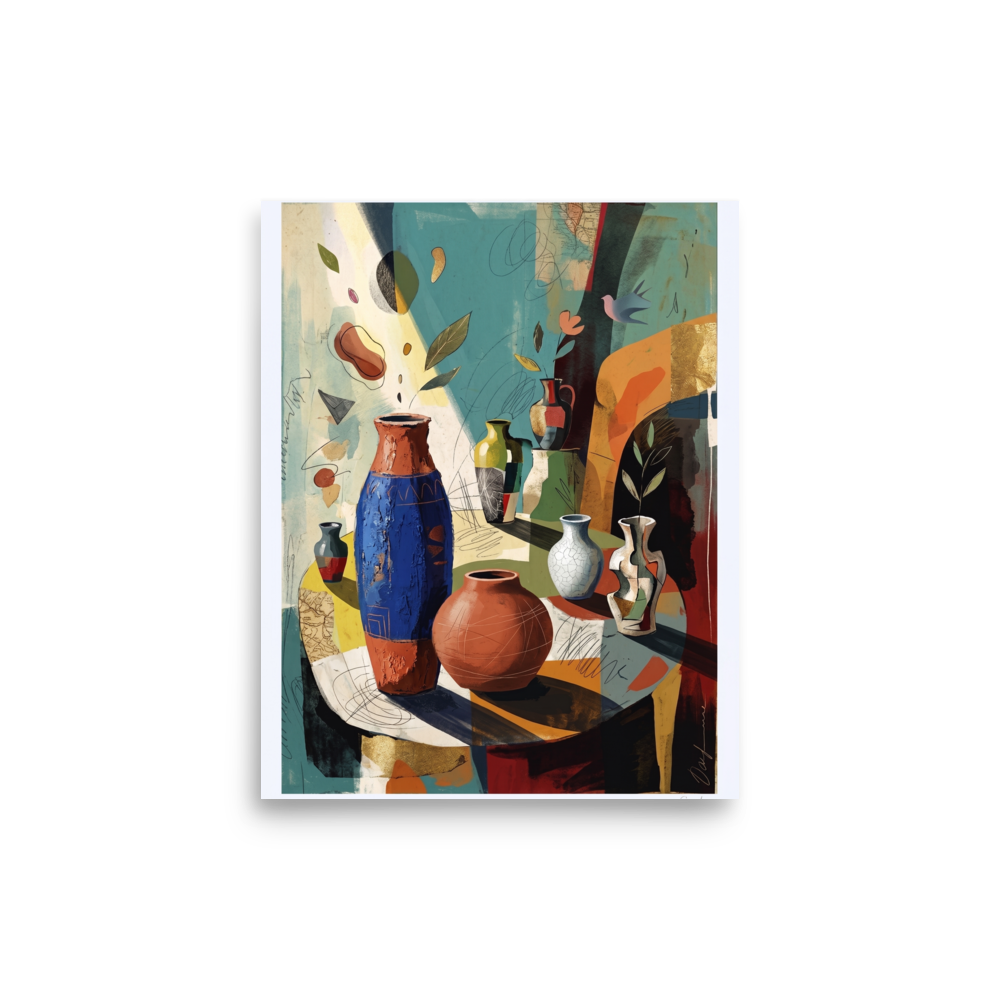 'Vessels of Light'. An abstract still life of terracotta and blue ceramic vessels bathed in sunlight, perfect for brightening a dining room or kitchen. Offered as a Dau-al-Set print.