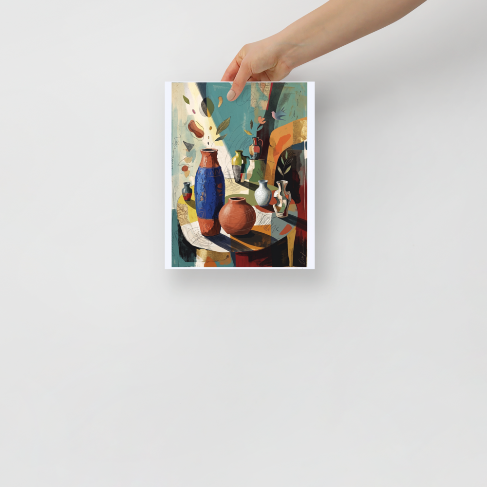 Dau-al-Set wall art, 'Vessels of Light'. An abstract still life of terracotta and blue ceramic vessels bathed in sunlight, perfect for brightening a dining room or kitchen.