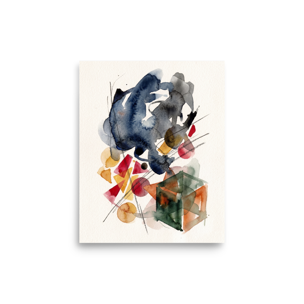 A minimalist watercolor and pencil abstract artwork featuring fluid indigo washes and geometric shapes, ideal for a serene office or study. A calmness piece titled 'Geometric Whispers'.