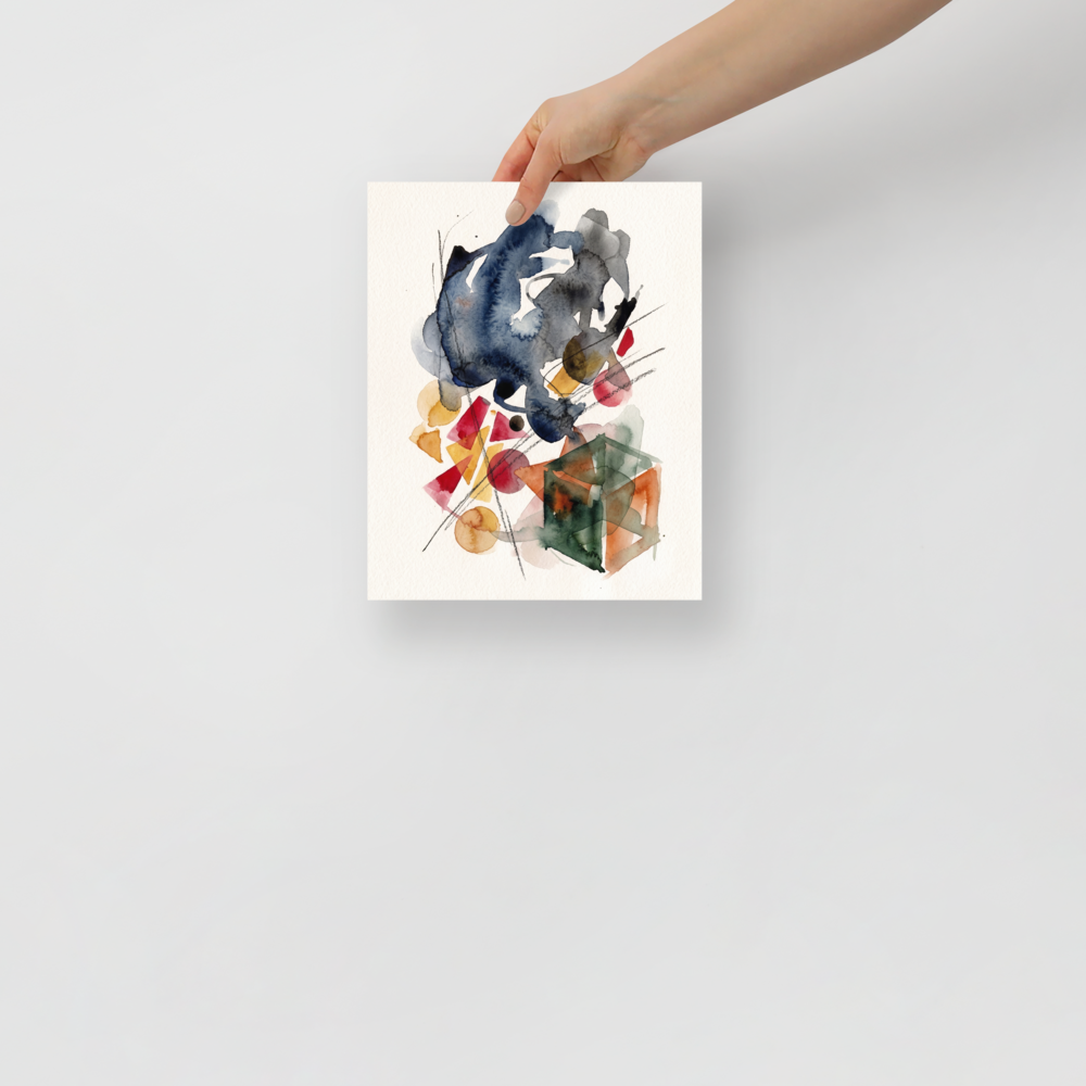 A minimalist watercolor and pencil abstract artwork featuring fluid indigo washes and geometric shapes, ideal for a serene office or study. Available as the Dau-al-Set art print 'Geometric Whispers'.
