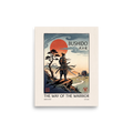 The Shin hanga print 'Bushido Horizon'. An armored samurai warrior stands atop a rocky ridge overlooking Mount Fuji under a red sun and typography reading Bushido, perfect for an office.
