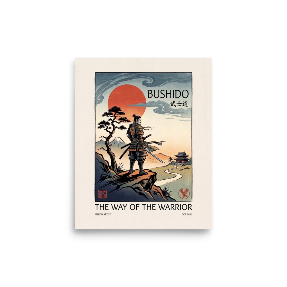 The Shin hanga print 'Bushido Horizon'. An armored samurai warrior stands atop a rocky ridge overlooking Mount Fuji under a red sun and typography reading Bushido, perfect for an office.