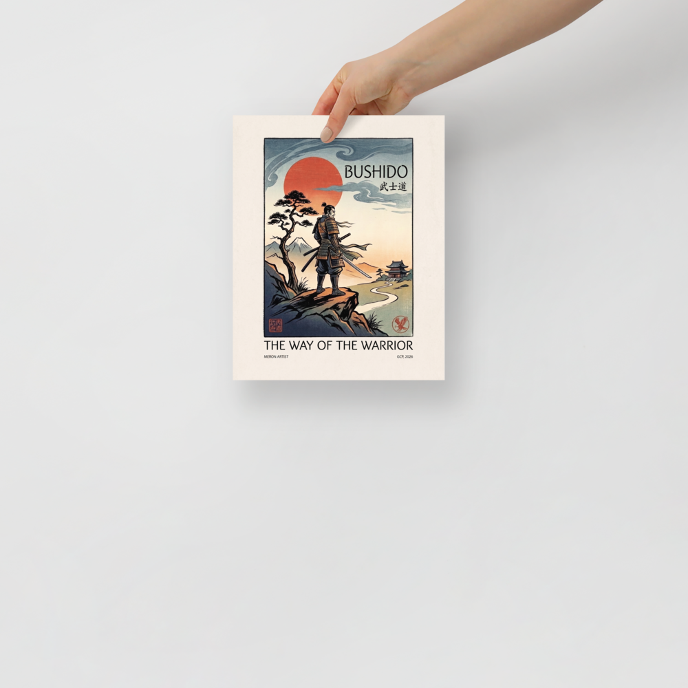 An armored samurai warrior stands atop a rocky ridge overlooking Mount Fuji under a red sun and typography reading Bushido, perfect for an office. Available as the Shin hanga art print 'Bushido Horizon'.