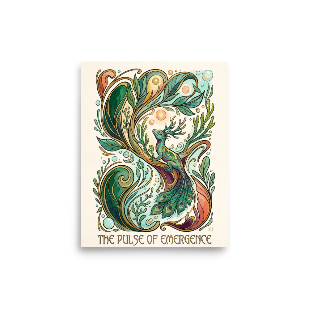 A whimsical green lizard with branching antlers and peacock feathers perches among swirling botanical vines and golden bubbles, creating an enchanting focal point for living room decor. 'The Pulse of Emergence', a Lyco art print for the wall.