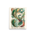 A whimsical green lizard with branching antlers and peacock feathers perches among swirling botanical vines and golden bubbles, creating an enchanting focal point for living room decor. 'The Pulse of Emergence', a Lyco art print for the wall.