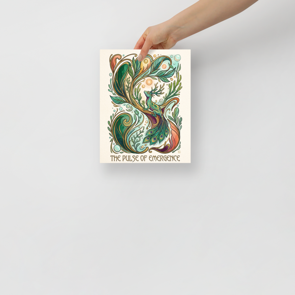 A wonder / awe scene in sea green and gold, 'The Pulse of Emergence'. A whimsical green lizard with branching antlers and peacock feathers perches among swirling botanical vines and golden bubbles, creating an enchanting focal point for living room decor.