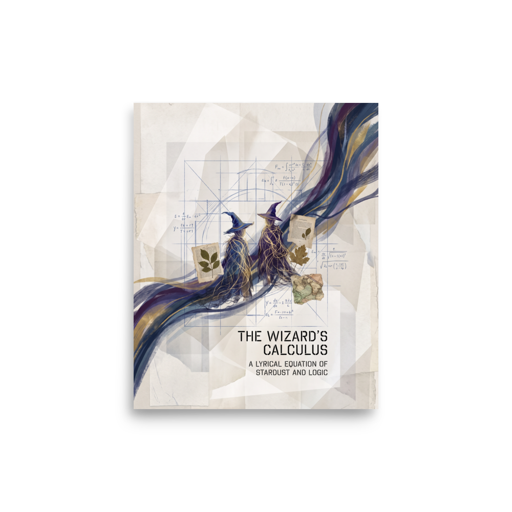 'The Wizard's Calculus', Lyco art wall art in navy and indigo. Two wizard figures in blue and violet cloaks surrounded by golden starlight, botanical leaves, and calculus equations on a blueprint grid, creating an enchanting art piece for a study or office.