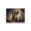 A surrealist painting depicting a robed scholar gesturing toward a floating eye near a gothic telescope tower and a perched bird, perfect for a quiet library or study. Available as the Dau-al-Set art print 'The Celestial Watcher'.