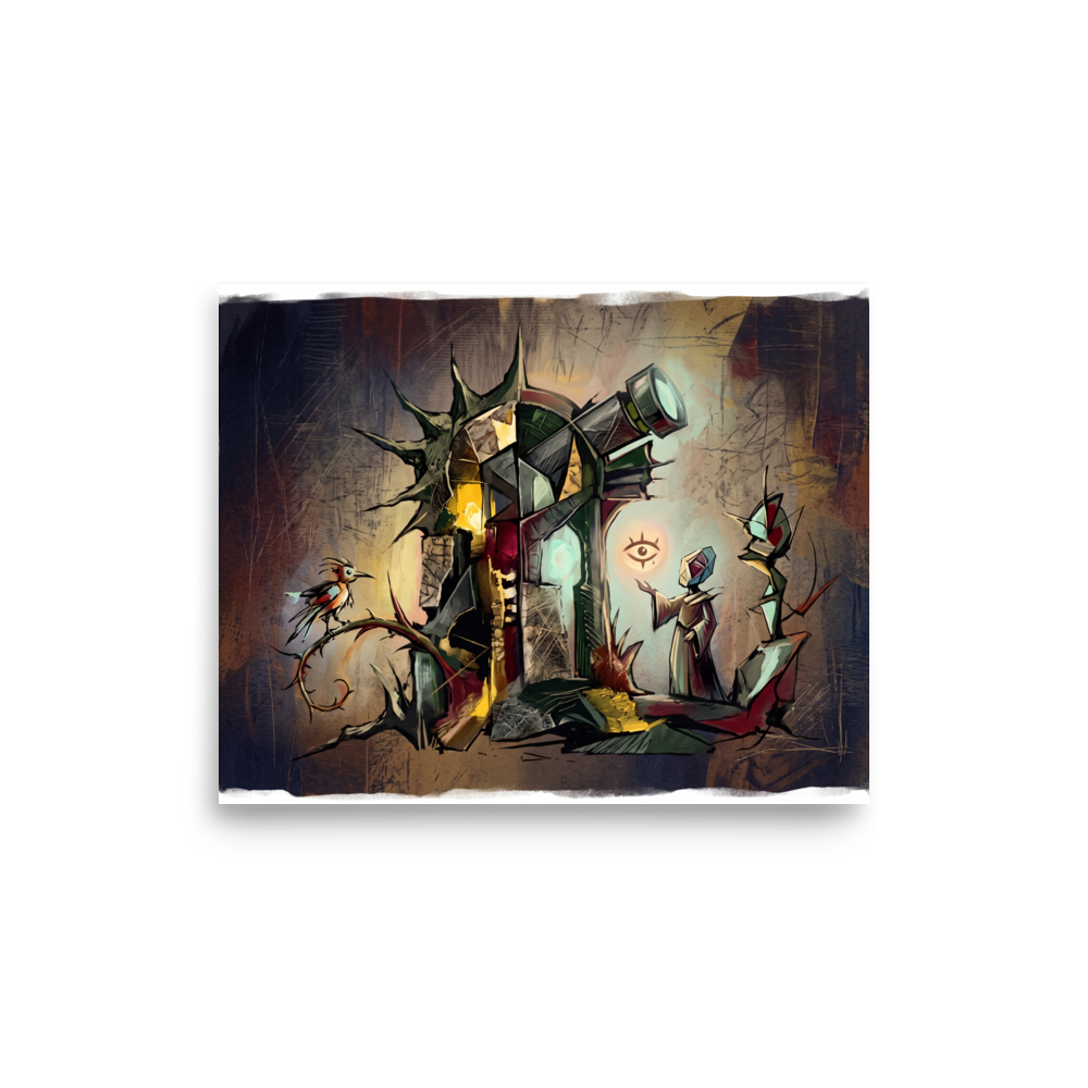A surrealist painting depicting a robed scholar gesturing toward a floating eye near a gothic telescope tower and a perched bird, perfect for a quiet library or study. Available as the Dau-al-Set art print 'The Celestial Watcher'.