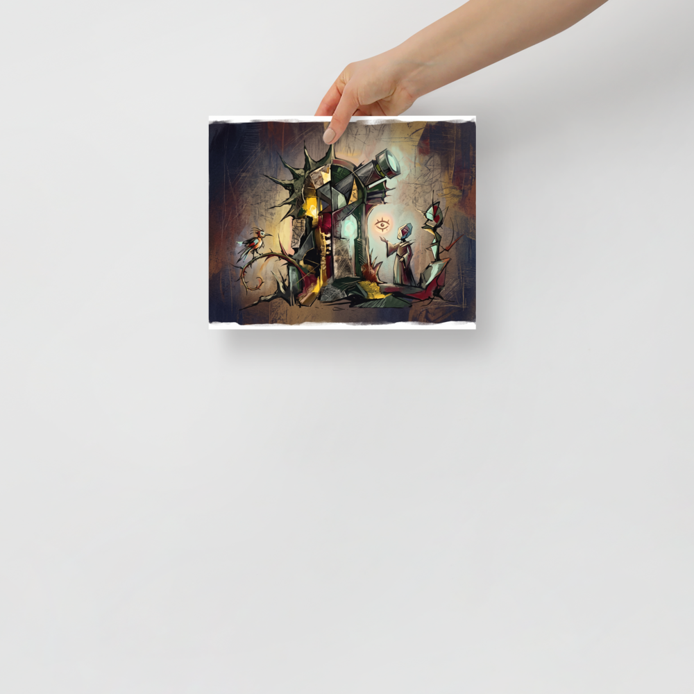 A surrealist painting depicting a robed scholar gesturing toward a floating eye near a gothic telescope tower and a perched bird, perfect for a quiet library or study. A Dau-al-Set print in brown and dark slate gray, 'The Celestial Watcher'.