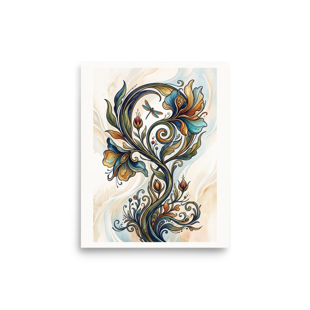 A elegant Art Nouveau print, 'Dragonfly and the Sinuous Iris'. An Art Nouveau botanical watercolor of sinuous curving flowers in teal and gold with a delicate dragonfly, adding serene elegance to a bedroom or living room.