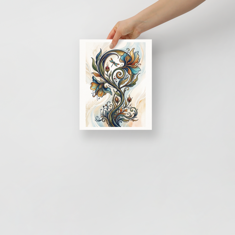 The Art Nouveau print 'Dragonfly and the Sinuous Iris'. An Art Nouveau botanical watercolor of sinuous curving flowers in teal and gold with a delicate dragonfly, adding serene elegance to a bedroom or living room.