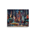 A surrealist illustration of New York City beneath a glowing solar eclipse and zodiac chart, featuring the Statue of Liberty, a yellow taxi, and a Route 66 sign. A Dau-al-Set print with a digital art look, titled 'The Eclipse over 5th Avenue'.
