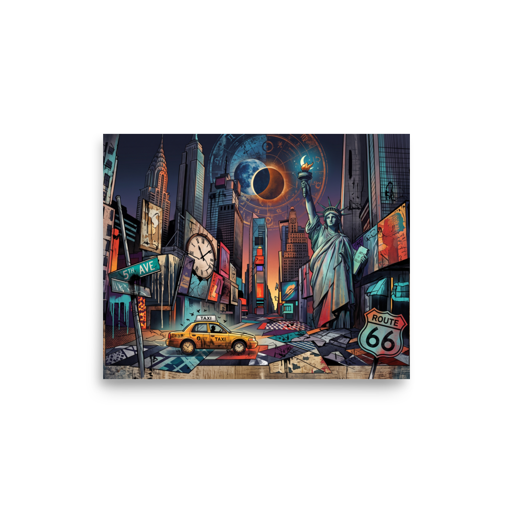 A surrealist illustration of New York City beneath a glowing solar eclipse and zodiac chart, featuring the Statue of Liberty, a yellow taxi, and a Route 66 sign. A Dau-al-Set print with a digital art look, titled 'The Eclipse over 5th Avenue'.